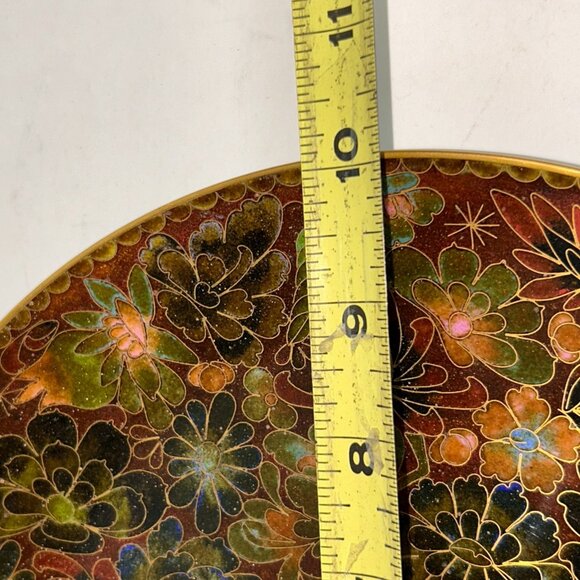 10" Chinese Cloisonne Enamel Brass Plate Holiday Colors Autumn Gold Green Footed - Picture 9 of 10
